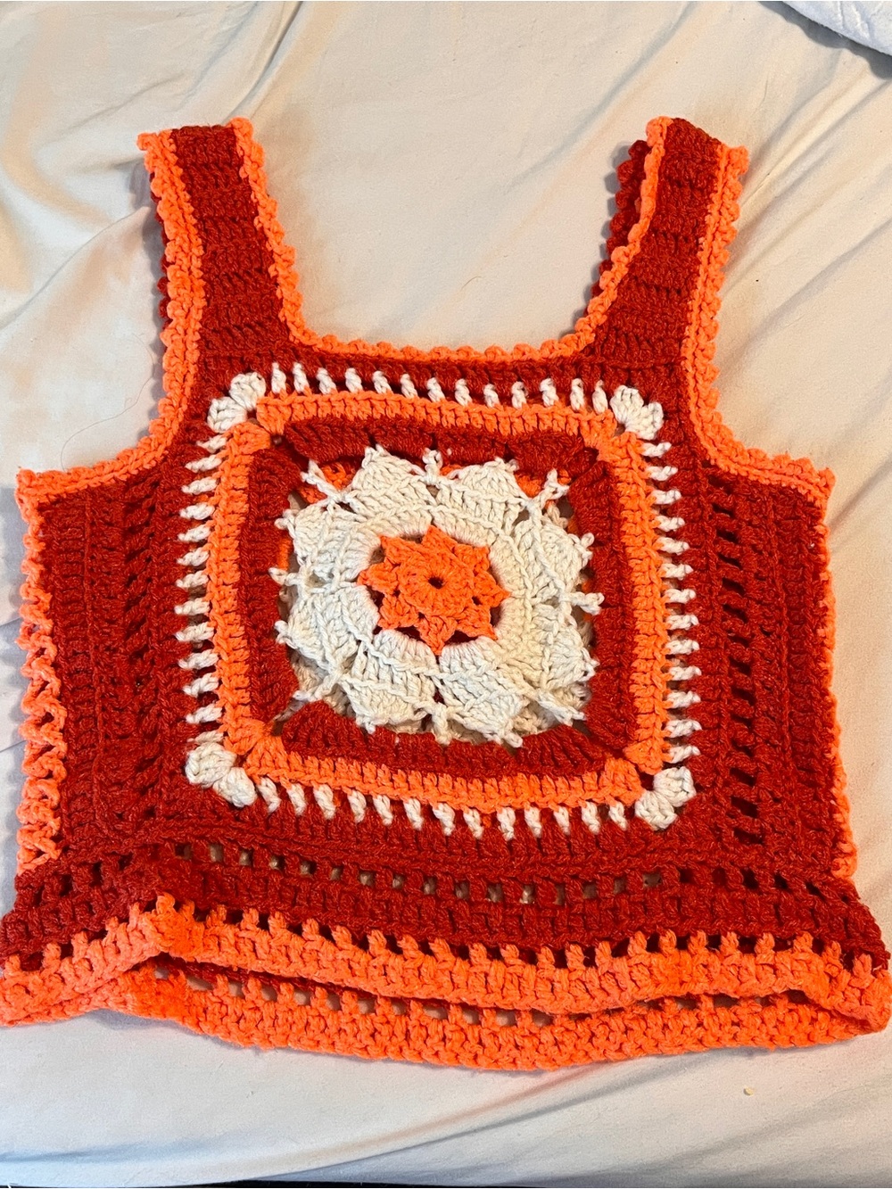 Handmade Crochet Granny Square Tank Top Rust Orange Coral Cream Y2K Boho S M